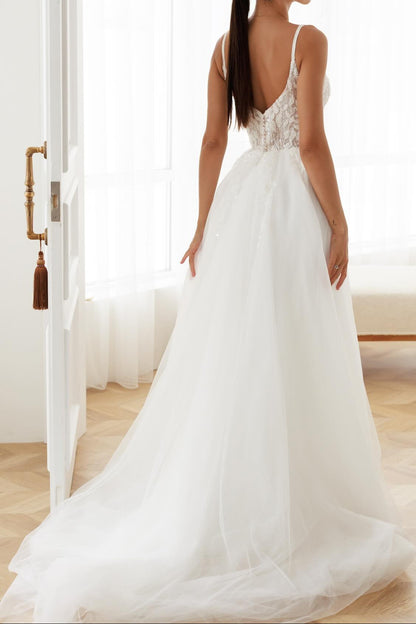 Deep V-Neck A-Line Tulle Bridal Gown