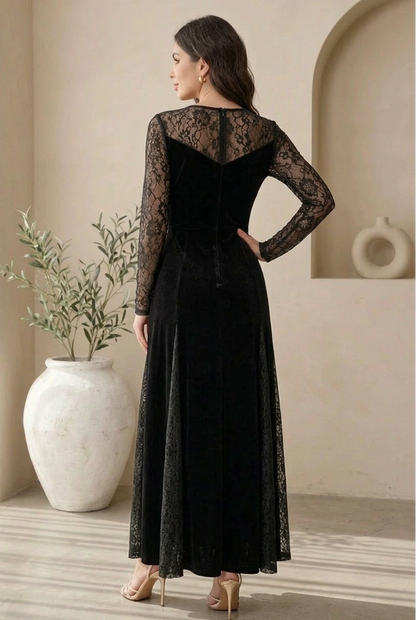 Velvet Maxi Dress with Lace Sleeves and Cut-Out