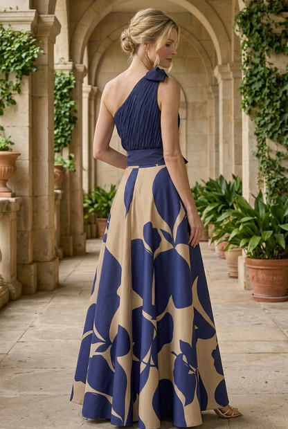One-Shoulder Floral Print A-Line Gown