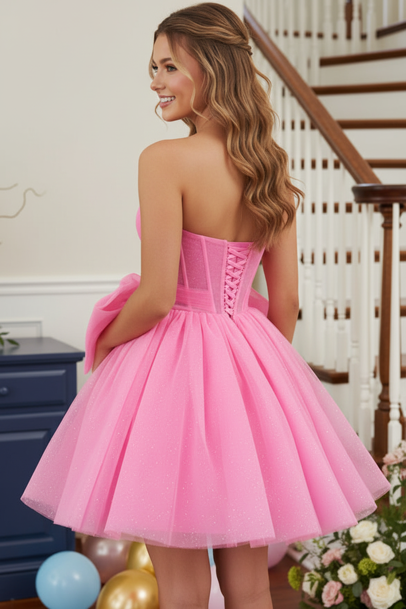 Glitter Tulle A-Line Mini Dress with Statement Bow