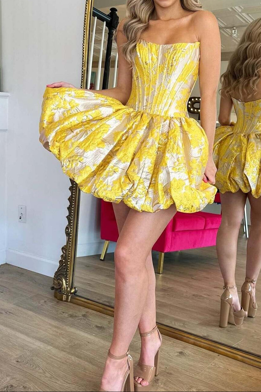 Strapless Corset Jacquard Bubble Skirt Mini Dress
