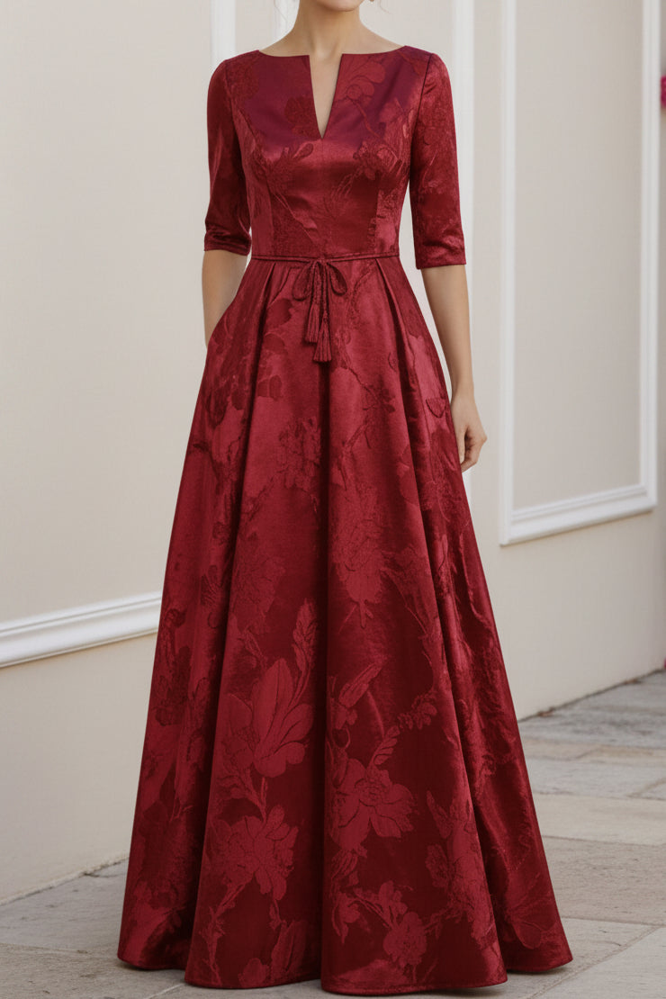 Floral Jacquard A-Line Evening Gown with Tie-Waist Belt