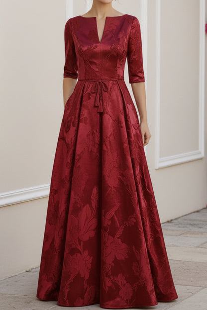 Floral Jacquard A-Line Evening Gown with Tie-Waist Belt