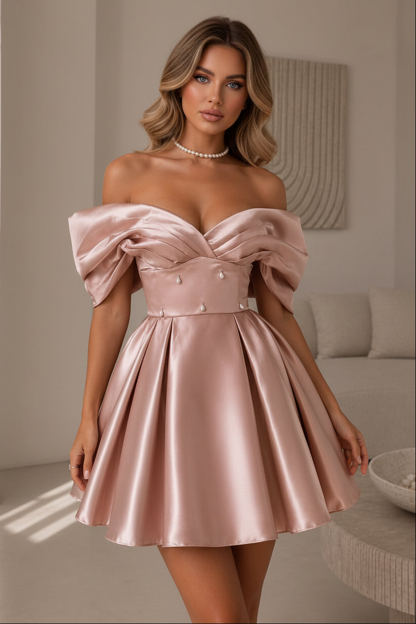 Off-the-Shoulder Satin Mini Dress with Pearls