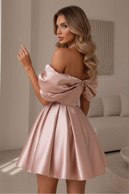 Off-the-Shoulder Satin Mini Dress with Pearls