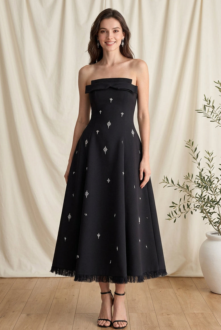 Strapless Embellished Midi Dress with Fringe