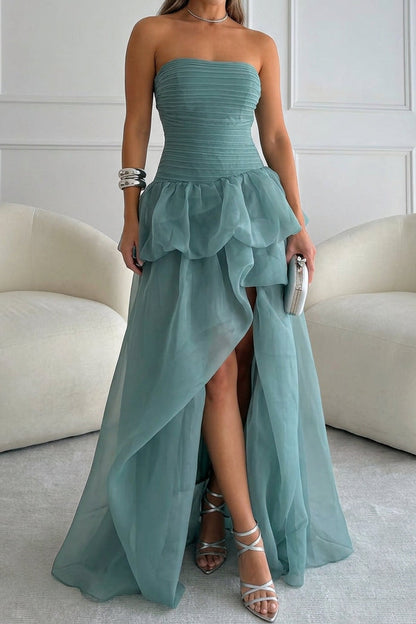 Strapless Pleated Evening Gown with Tiered Slit Skirt