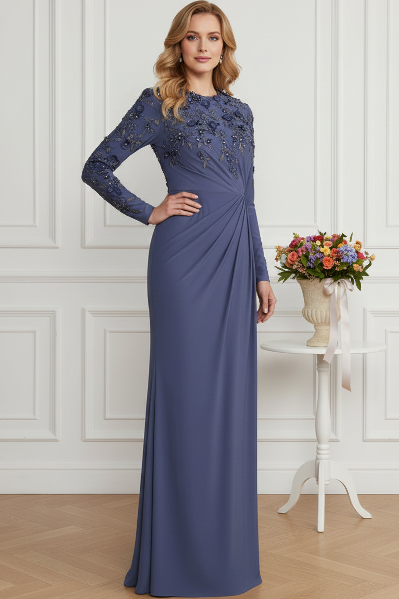 Long Sleeve Crepe Gown with Beaded Floral Applique