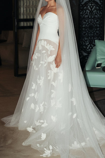 Strapless Sheer Tulle Bridal Gown with Floral Appliques