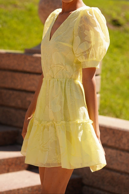 Floral Jacquard Puff Sleeve Tiered Mini Dress