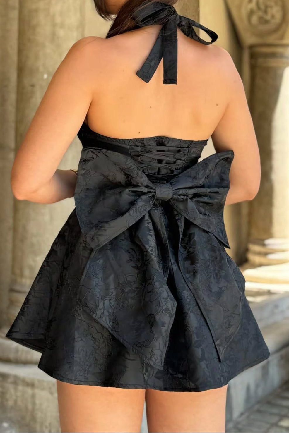 Halter Jacquard Mini Dress with Back Bow and Corset