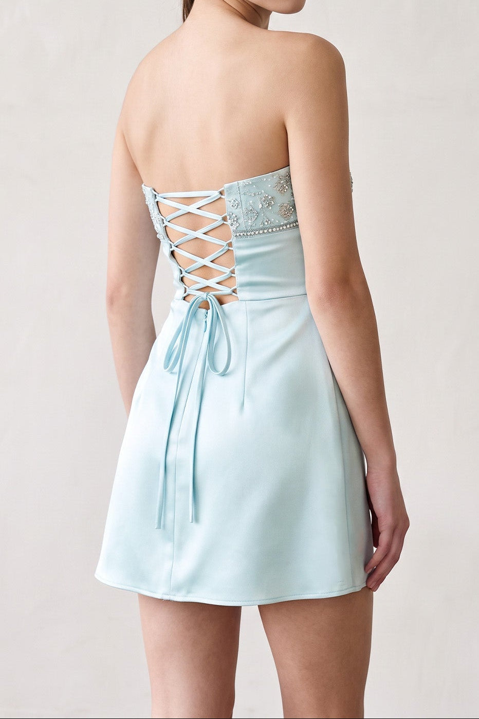 Strapless Beaded Satin Mini Dress with Lace-Up Back