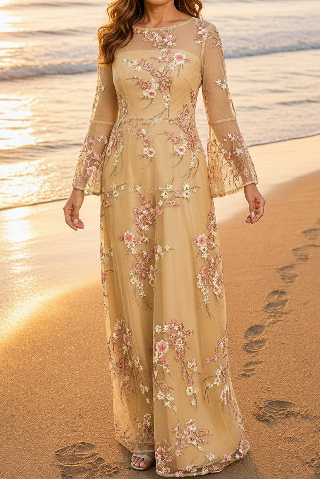 Floral Embroidered Illusion Gown with Bell Sleeves