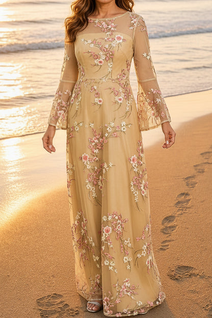 Floral Embroidered Illusion Gown with Bell Sleeves