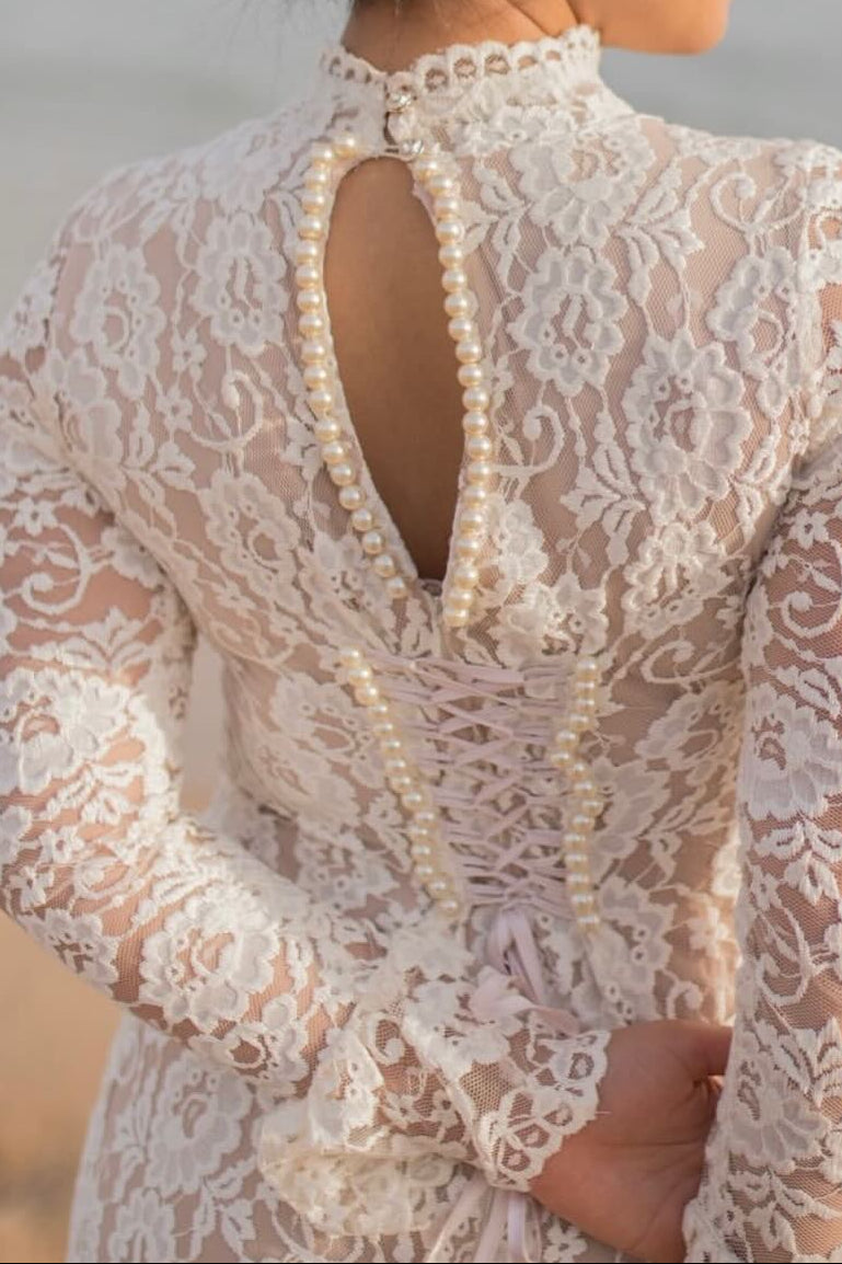 High Neck Lace Midi Wedding Dress with Keyhole Back