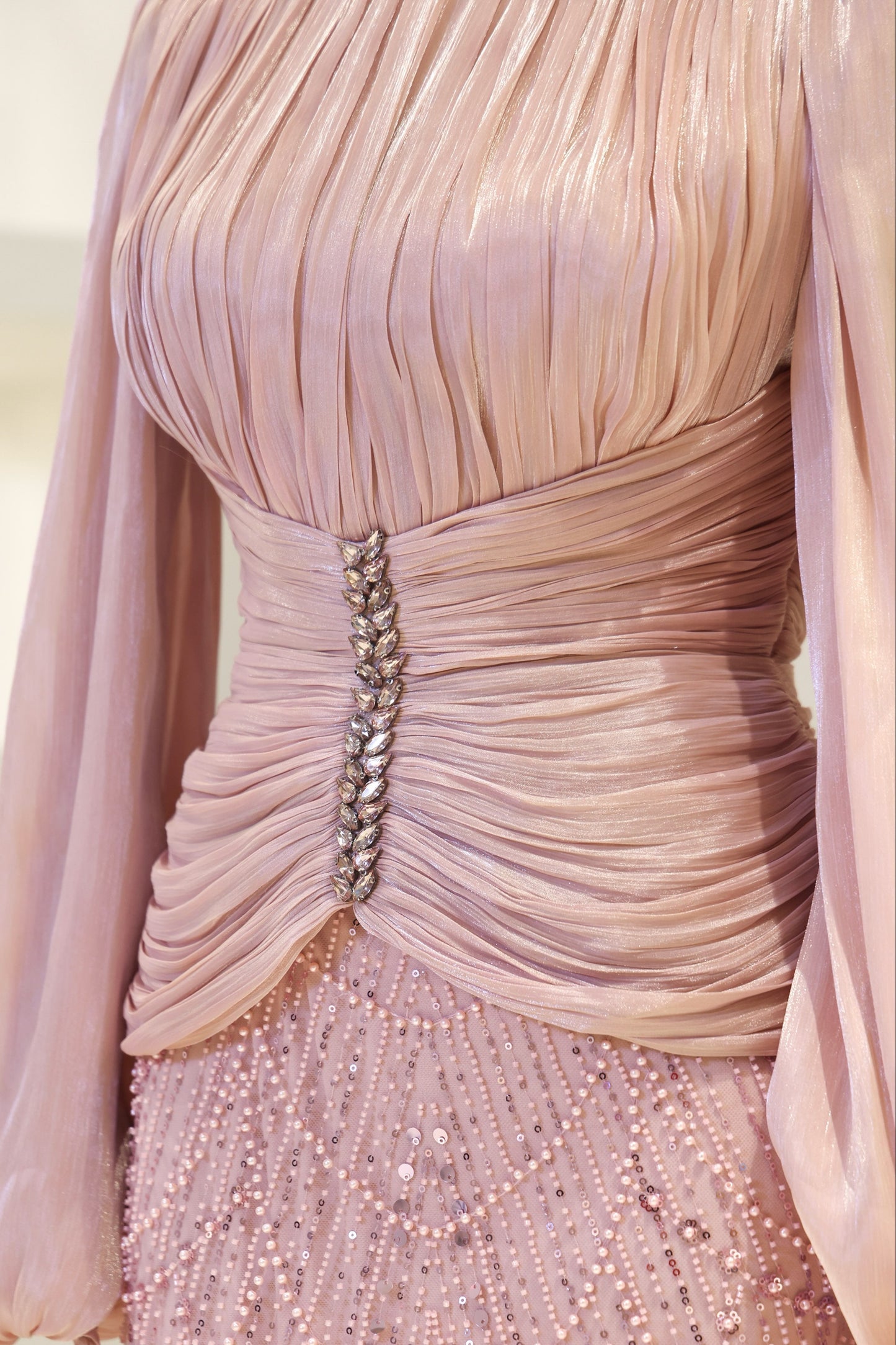 Long Sleeve Sequin Beaded Gown with Pleated Satin Bodice