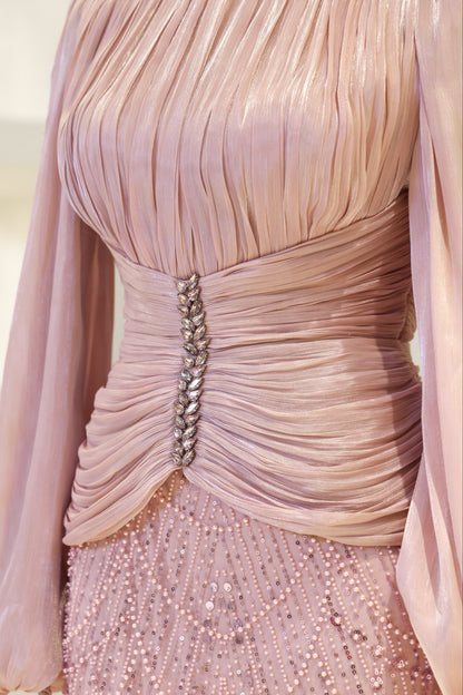 Long Sleeve Sequin Beaded Gown with Pleated Satin Bodice