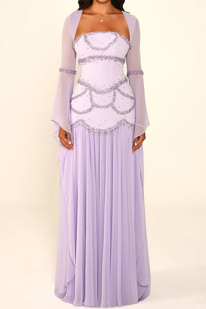 Beaded Drop-Waist Gown with Draped Sleeves