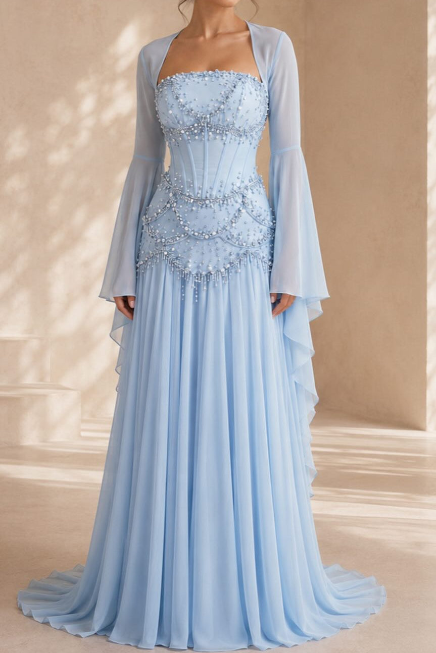 Beaded Corset Pleated Chiffon Gown with Bell Sleeves