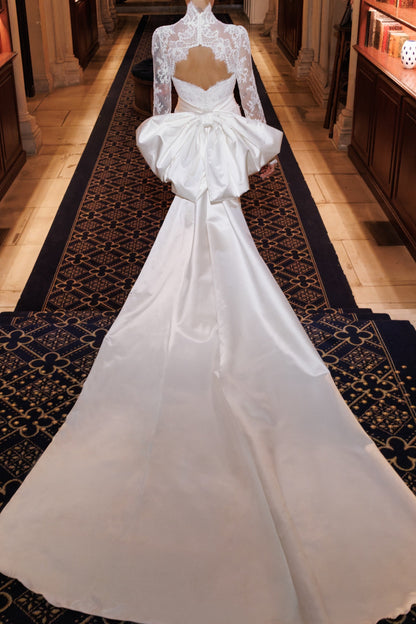 Lace High Neck Wedding Dress with Satin Bow Train