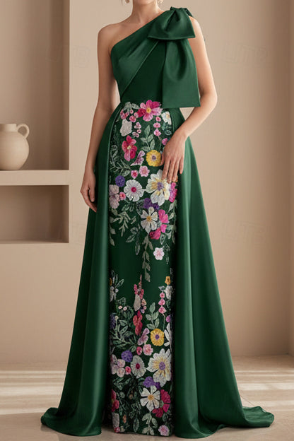 One Shoulder Bow Satin Gown with Floral Embroidered Skirt