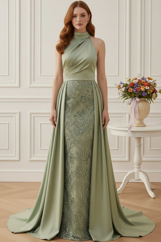 Halter Satin Gown with Embroidered Overskirt