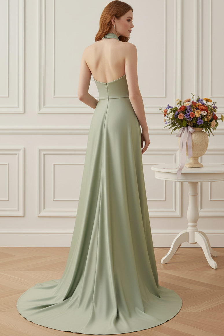 Halter Satin Gown with Embroidered Overskirt