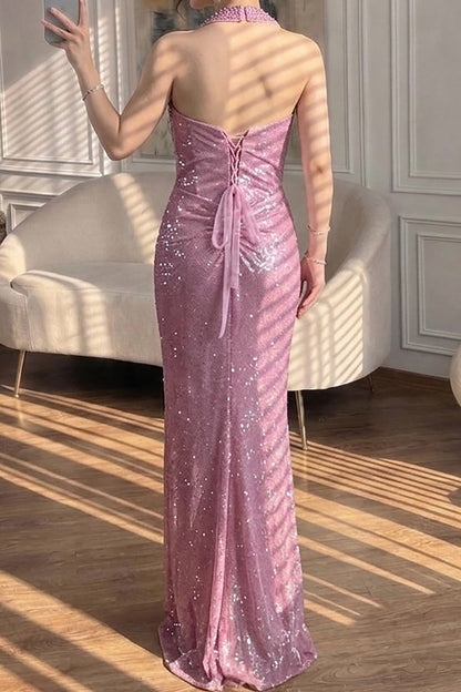Ruched Sequin Halter Mermaid Evening Gown