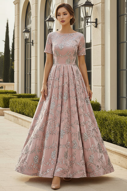 Short-Sleeve Sequin Velvet A-Line Evening Gown