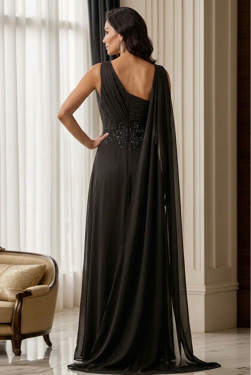 One-Shoulder Pleated Evening Gown with Shawl