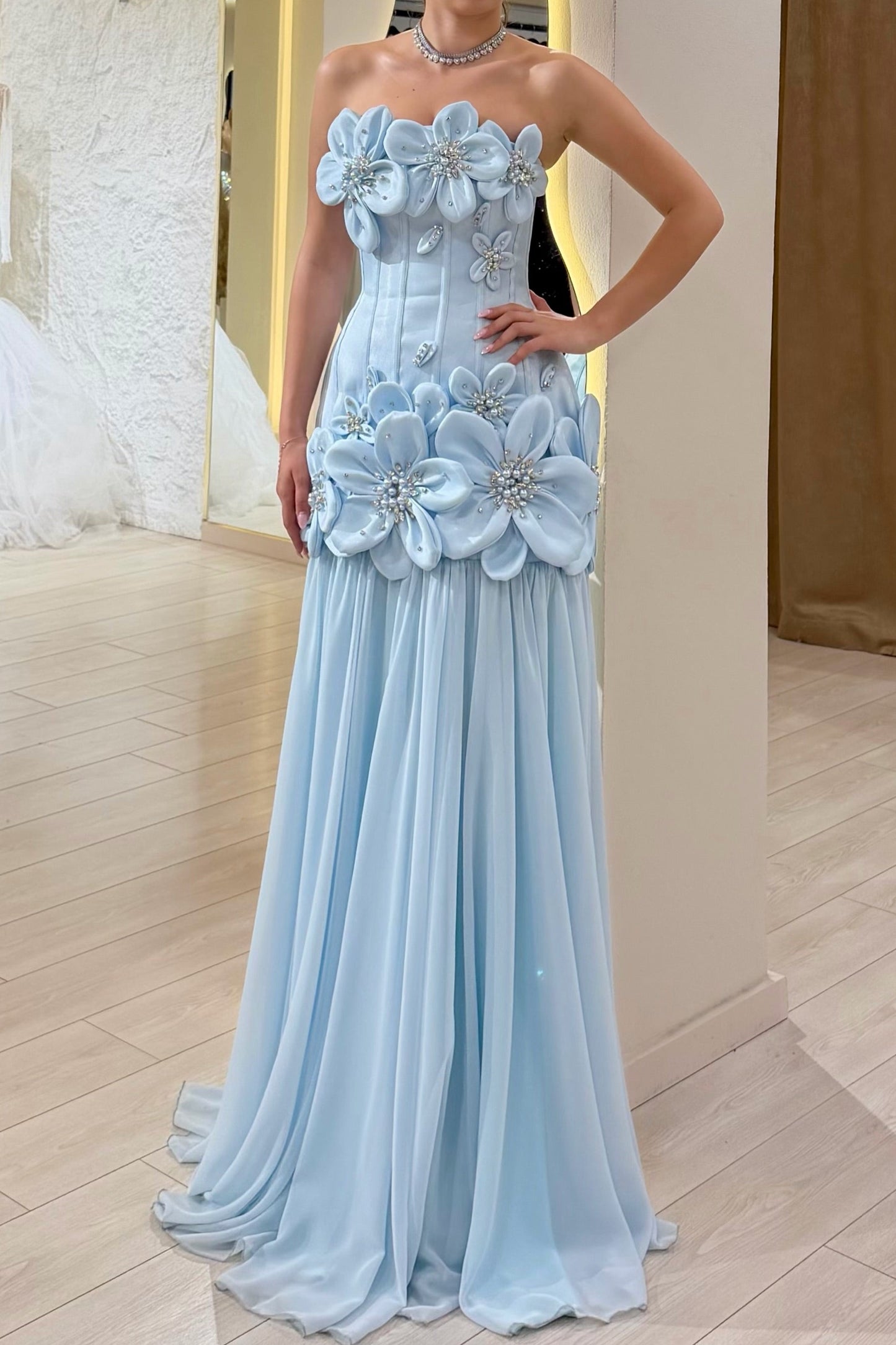 Strapless Corset Evening Gown with 3D Flowers
