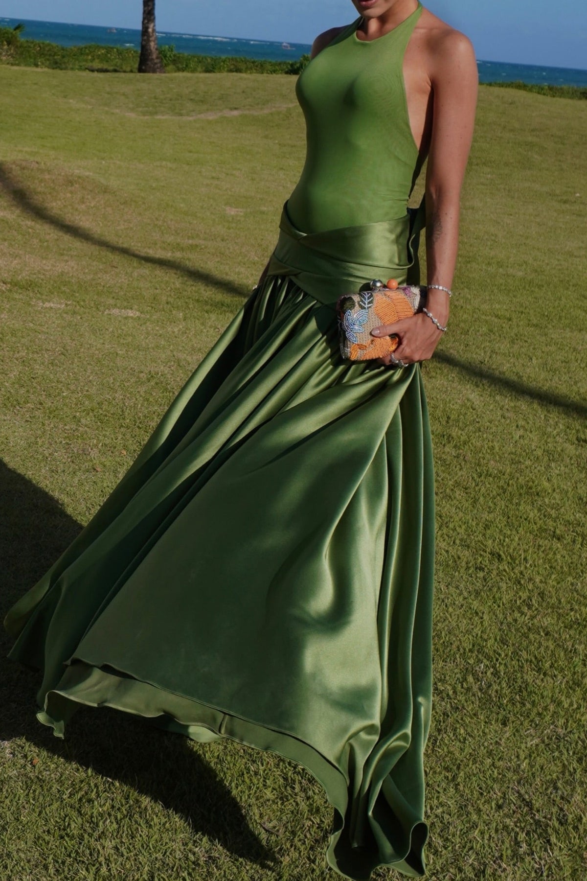 Halter Neck Backless Satin Maxi Gown with Draped Waist