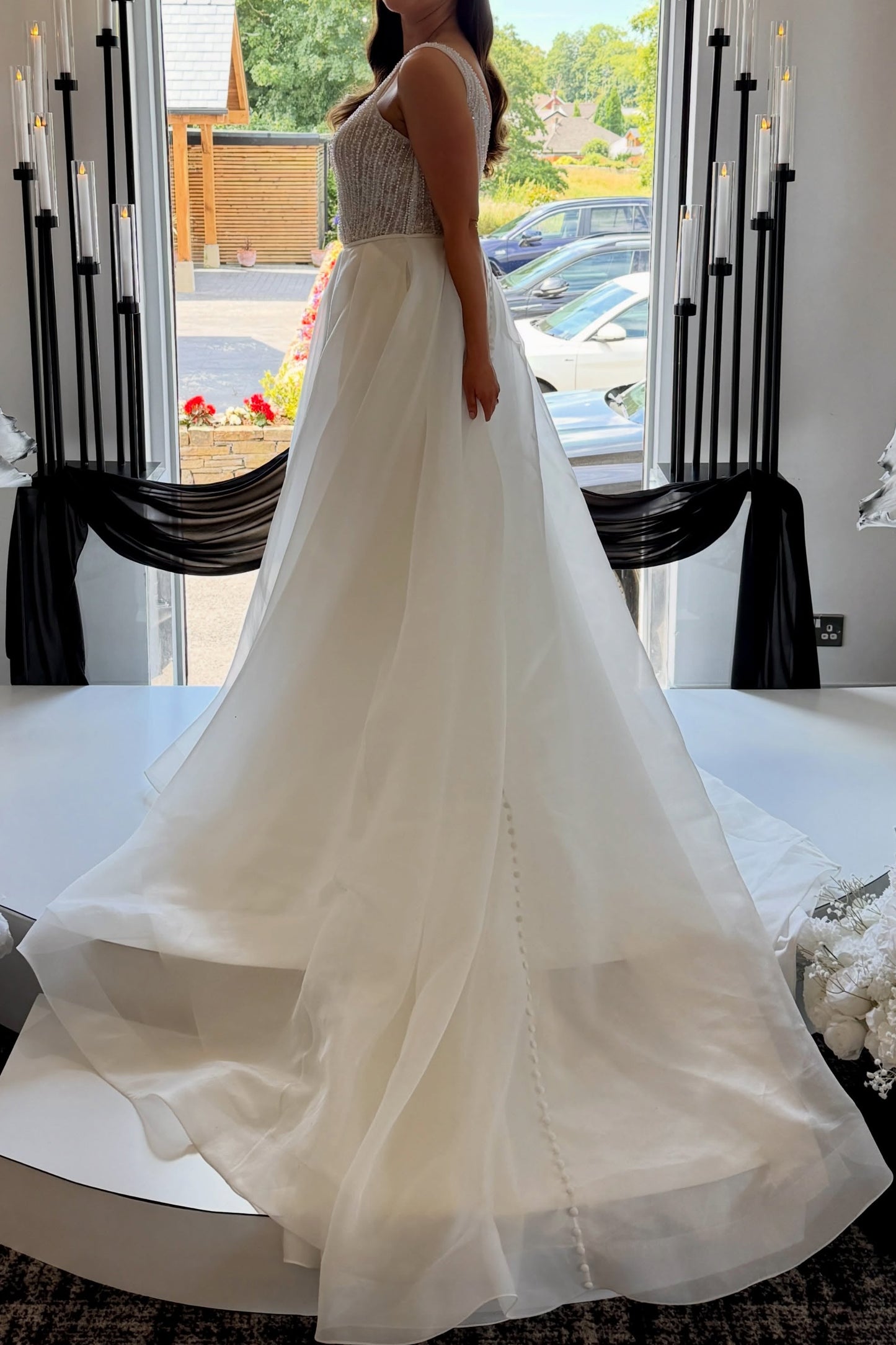 Beaded Bodice A-Line Wedding Dress with Satin Skirt
