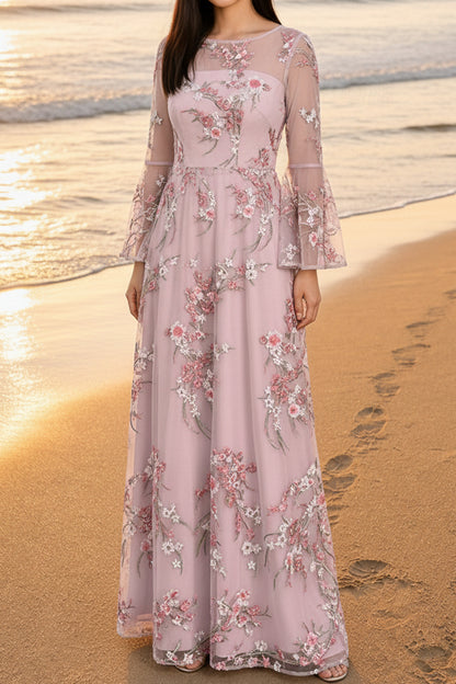 Floral Embroidered Illusion Gown with Bell Sleeves