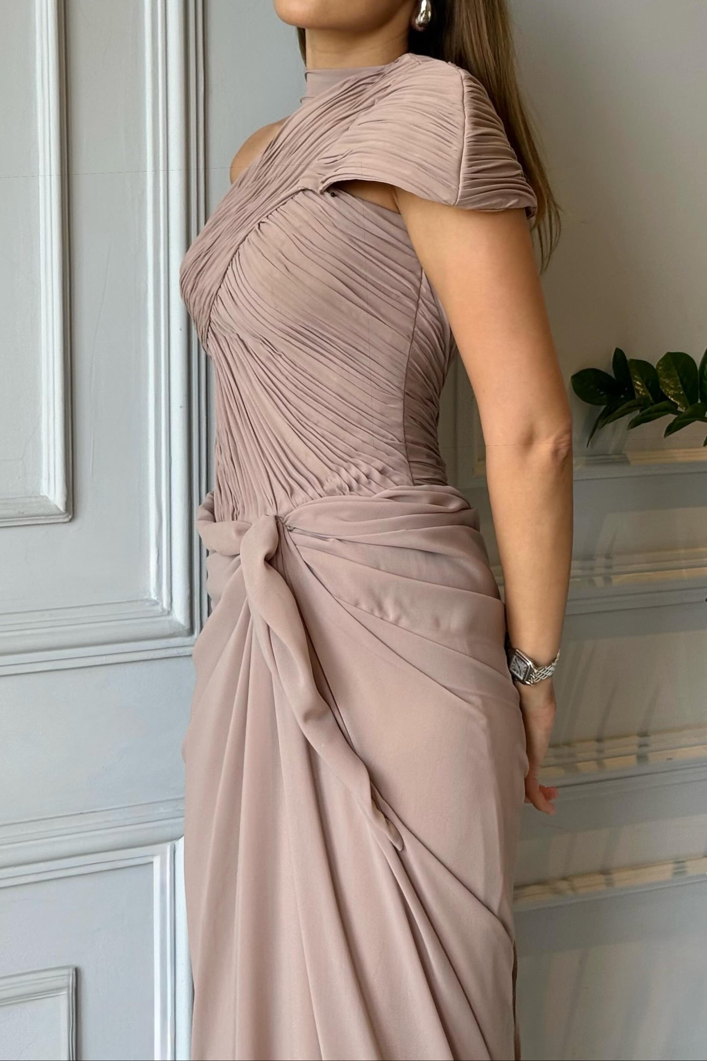 Pleated One-Shoulder Draped Evening Gown
