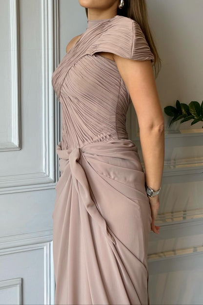 Pleated One-Shoulder Draped Evening Gown