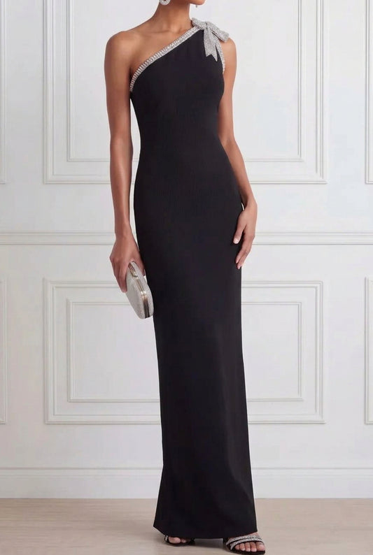 One-Shoulder Rhinestone Trim Evening Gown with Bow