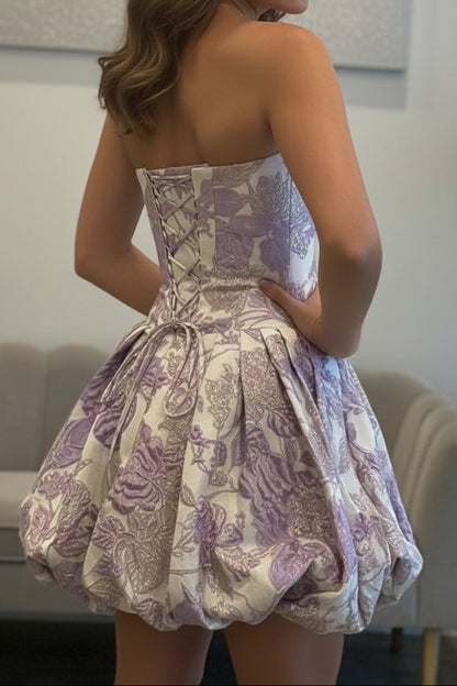 Strapless Corset Bubble Skirt Mini Dress with 3D Rose