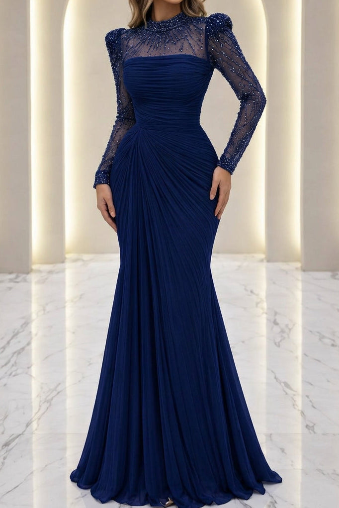 Ruched Long Sleeve Evening Dress with Beaded Illusion Neck