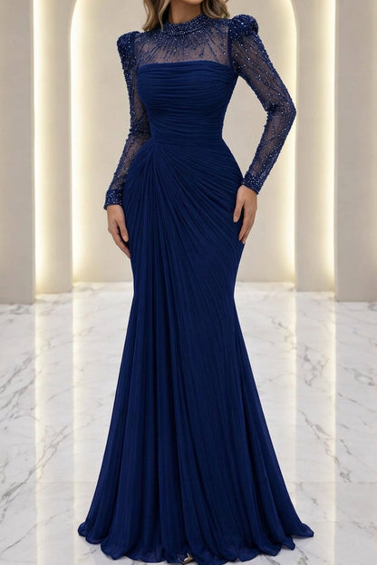 Ruched Long Sleeve Evening Dress with Beaded Illusion Neck