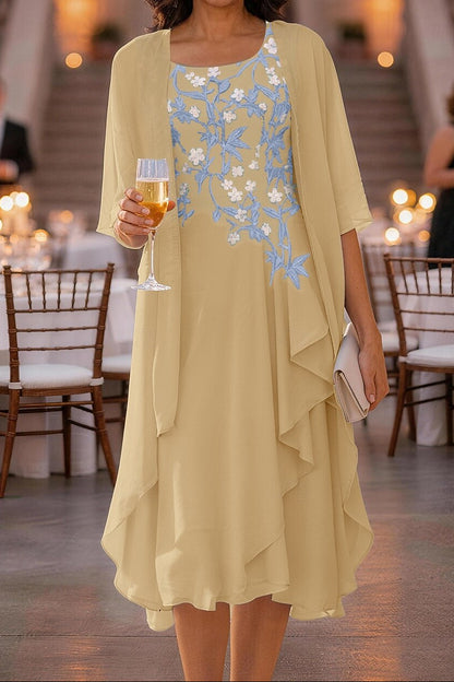 Embroidered Midi Dress with Sheer Jacket
