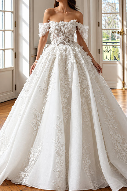 Off-the-Shoulder 3D Floral Ball Gown Wedding Dress