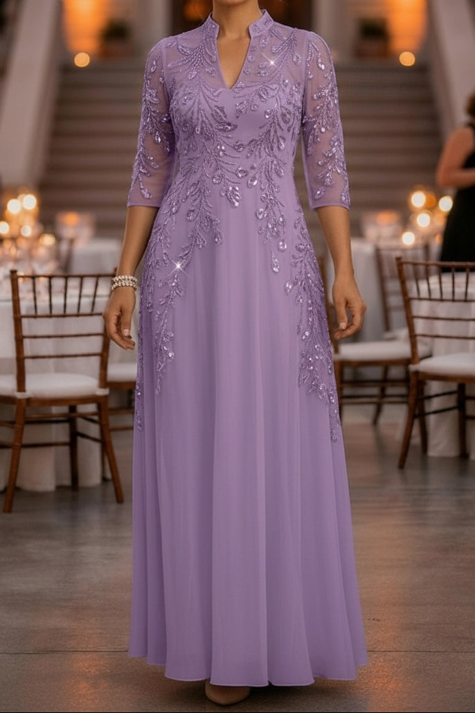 Sequin Illusion Sleeve A-Line Formal Evening Dress