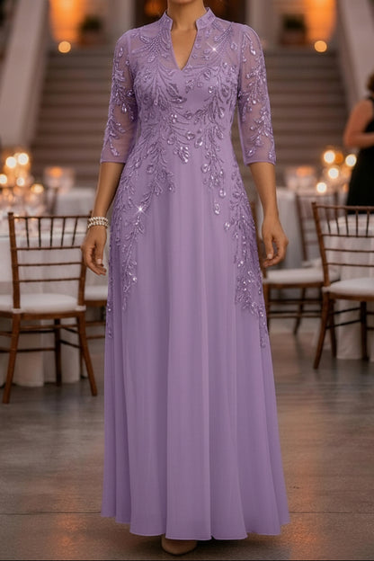 Sequin Illusion Sleeve A-Line Formal Evening Dress