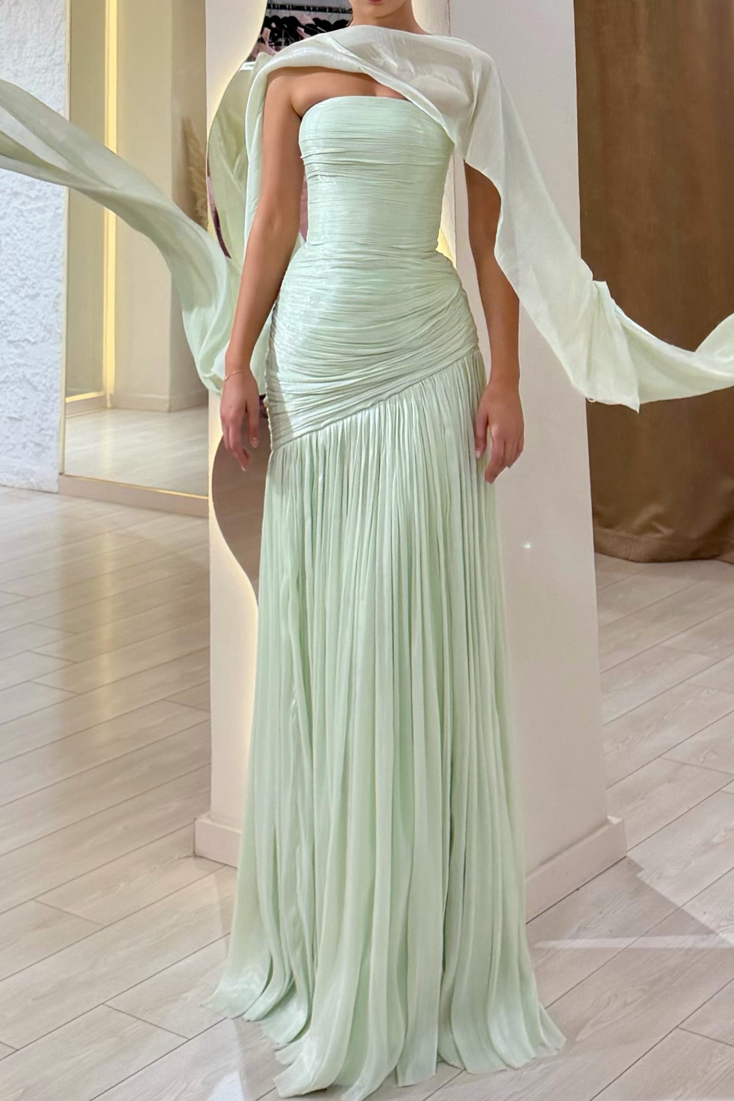 Strapless Ruched Pleated Gown with Detachable Cape