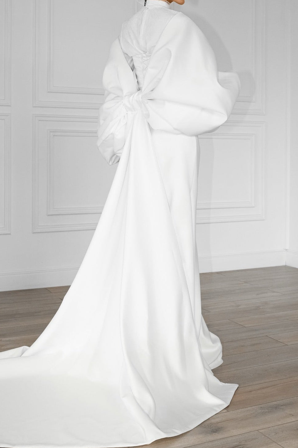 High Neck Satin Wedding Dress with Dramatic Bow