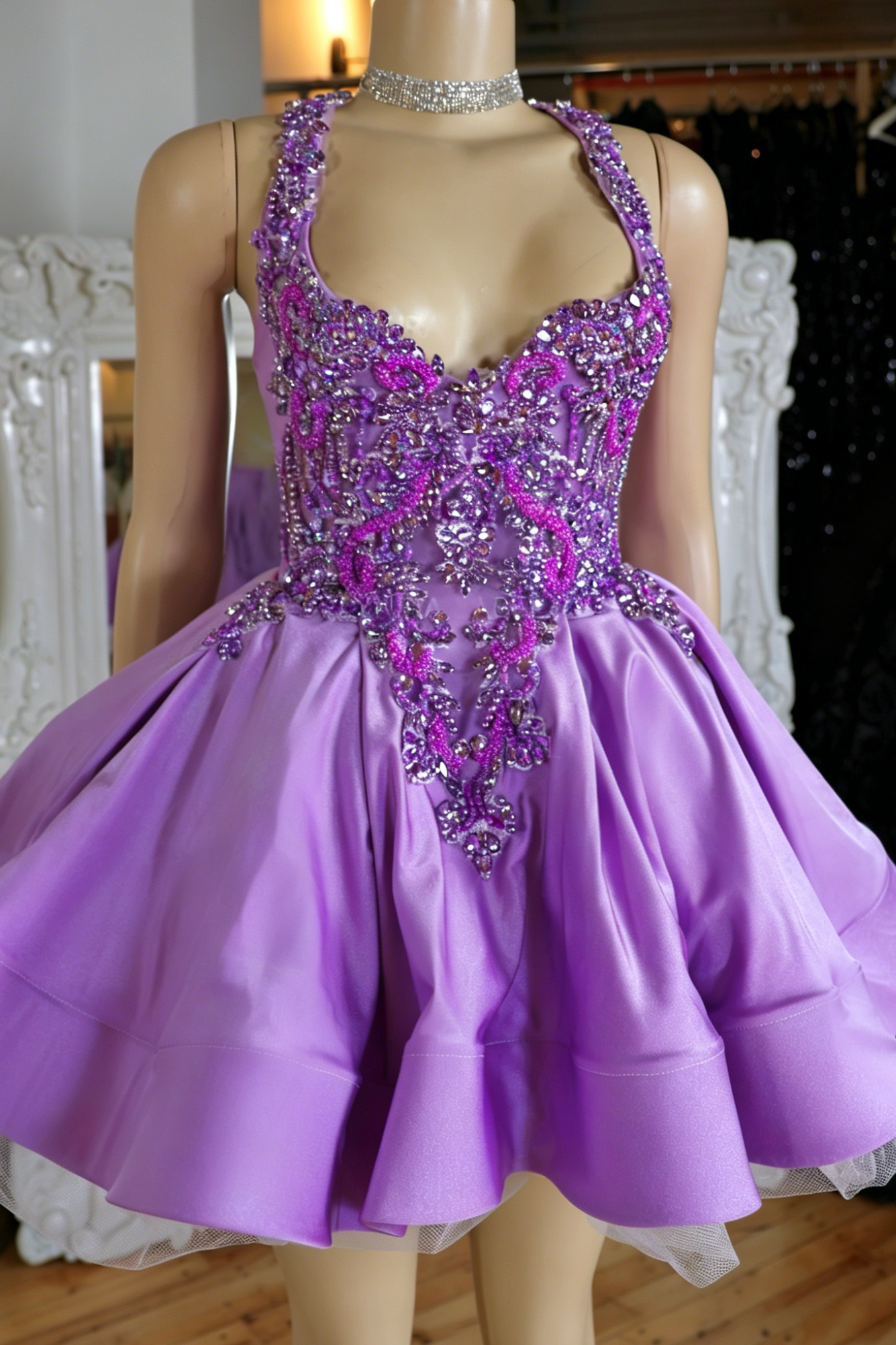 Beaded Halter Neck Fit and Flare Mini Dress