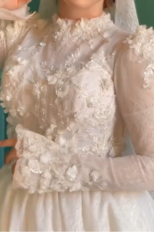 Long Sleeve Floral Applique Bridal Gown