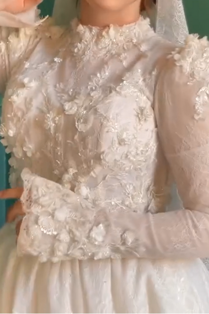 Long Sleeve Floral Applique Bridal Gown