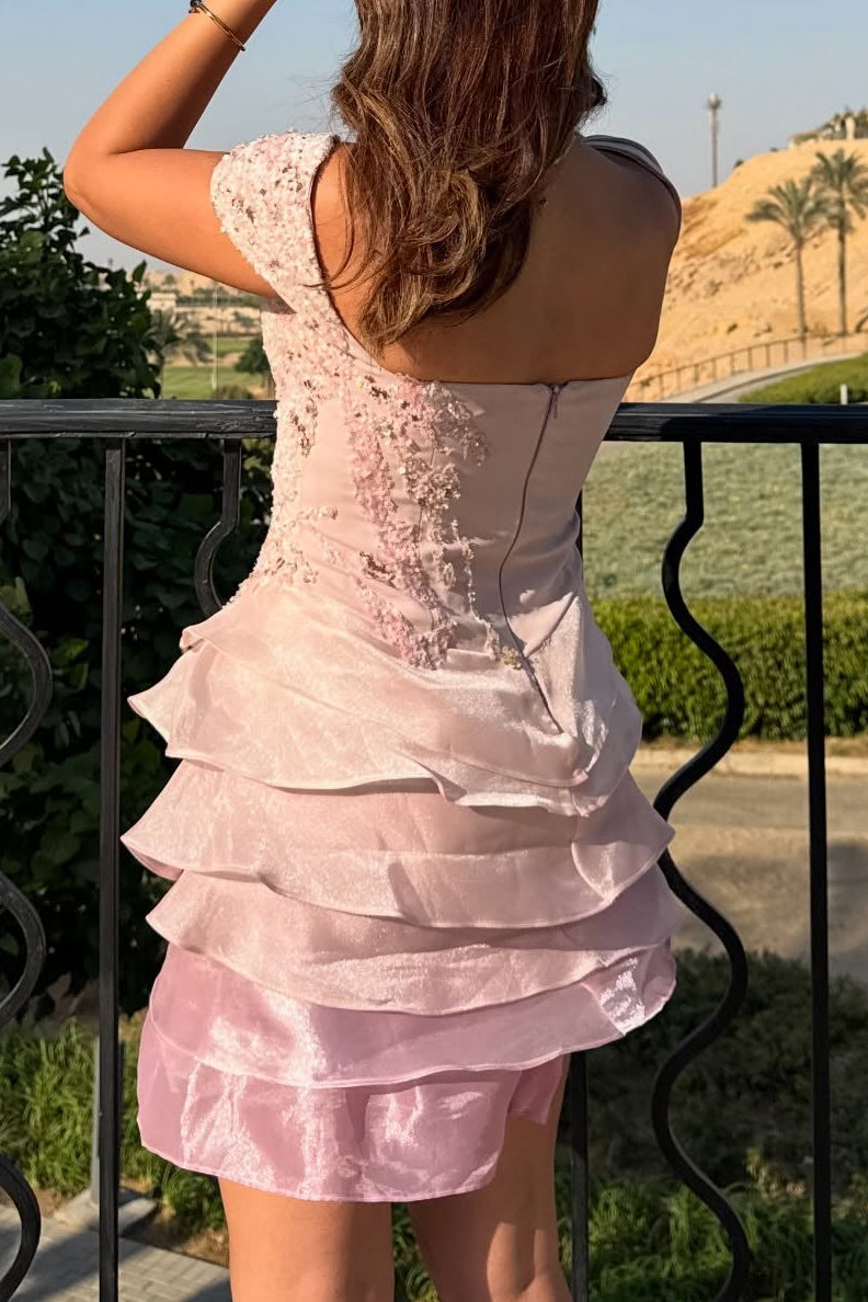 Asymmetrical Off-Shoulder Tiered Organza Mini Dress
